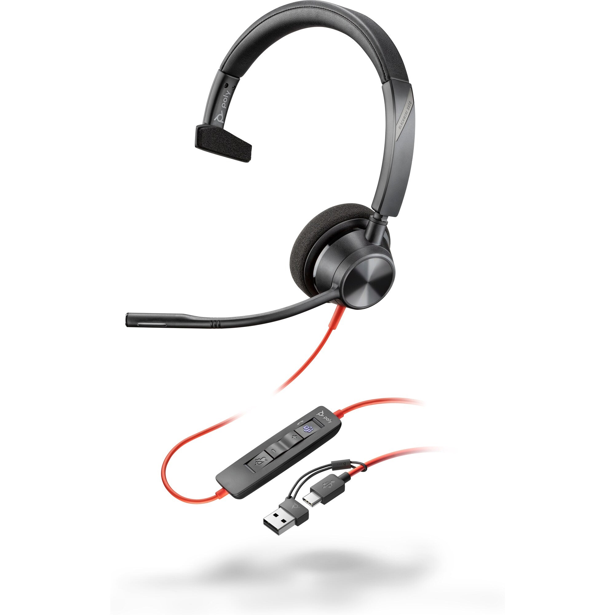 Poly Blackwire 3310 Monaural Microsoft Teams Certified USB-C Headset +USB-C/A Adapter 8X216AA