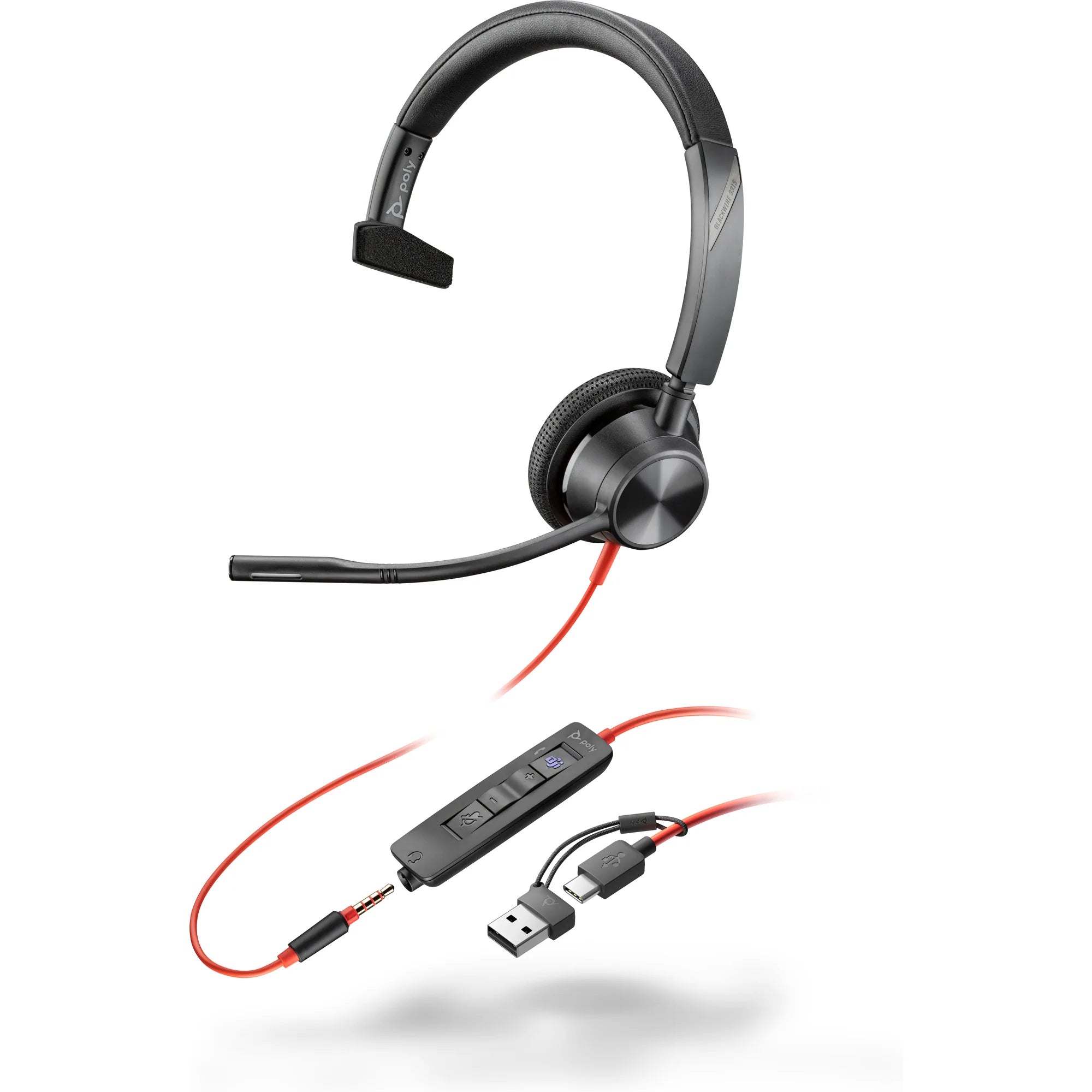 Poly Blackwire 3315 Monaural Microsoft Teams Certified USB-C Headset +3.5mm Plug +USB-C/A Adapter 8X218AA